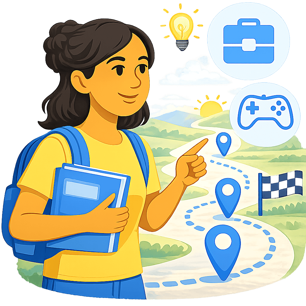 A PlannedQuest-style student pathway view with a guided path and visible next steps.