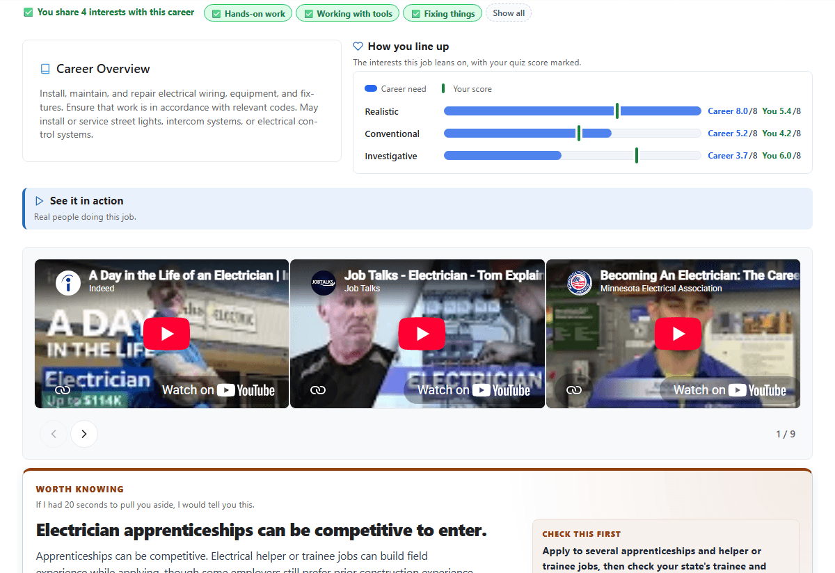 Understand a career, Profile tour: still preview