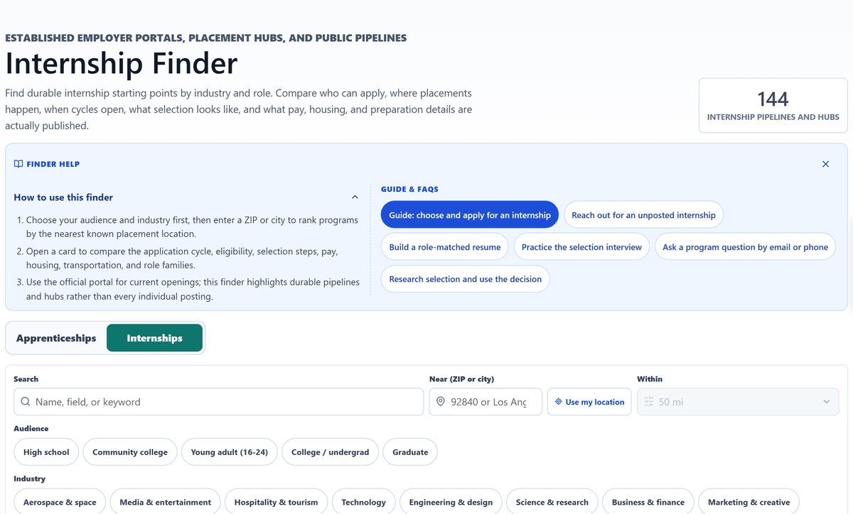 Find the next real step, Find internships: still preview